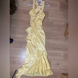 SOLD DO NOT BUY PLEASE Blondie Nites Lemon Satin Halter Ruched Prom Gown